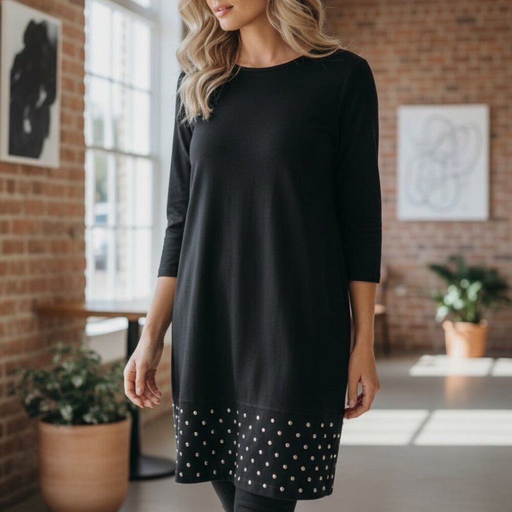 S Roberts Black Long Sleeve Dress Studded Hem Size M - Picture 2 of 6